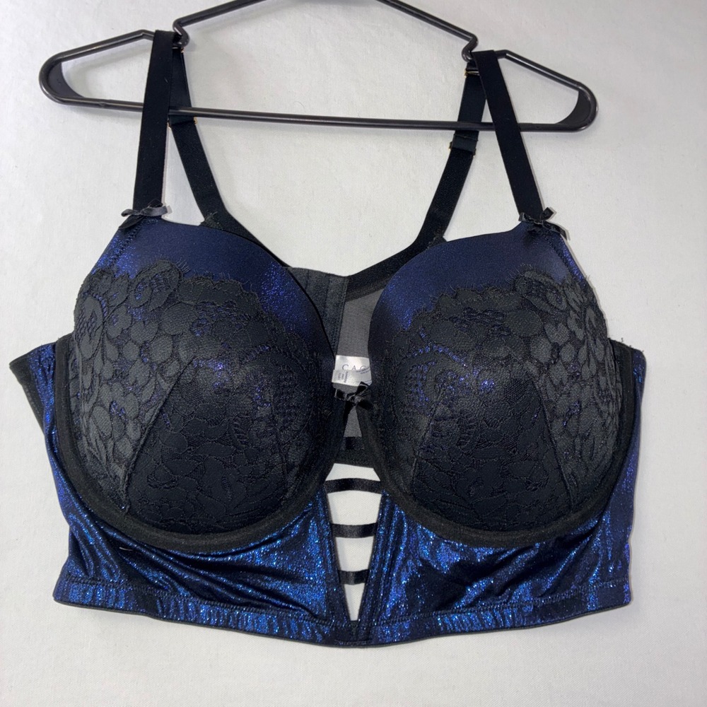 447 Gothic Cacique Balconette Bra 44DD Blue Black Lace Metallic Cage Longline